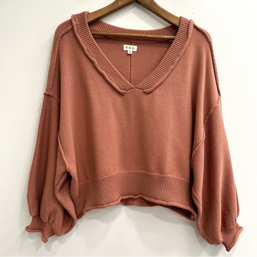 POL wide v-neck balloon sleeve oversized hacci sweater brown salmon size small